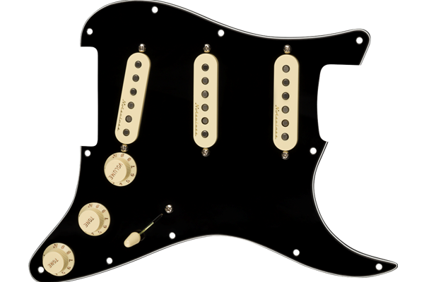 Pre-Wired Strat Pickguard, Vintage Noiseless SSS, Black 11 Hole PG