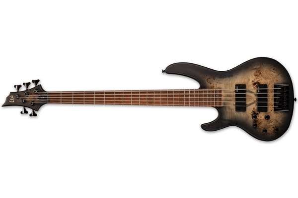 LTD D-5, 5-String Left-Handed Electric Bass, Black Natural Burst Satin